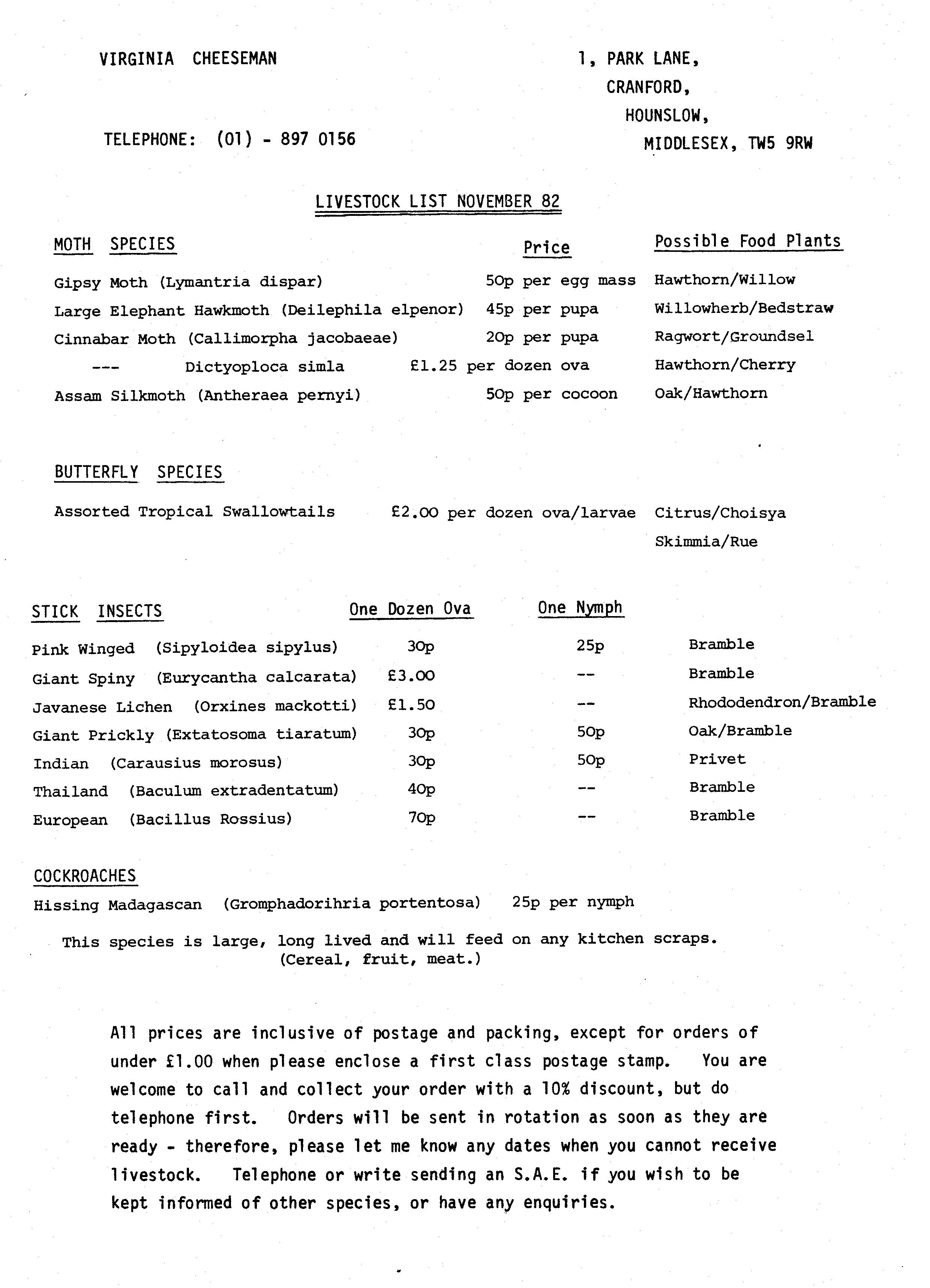 Price list from November 1982